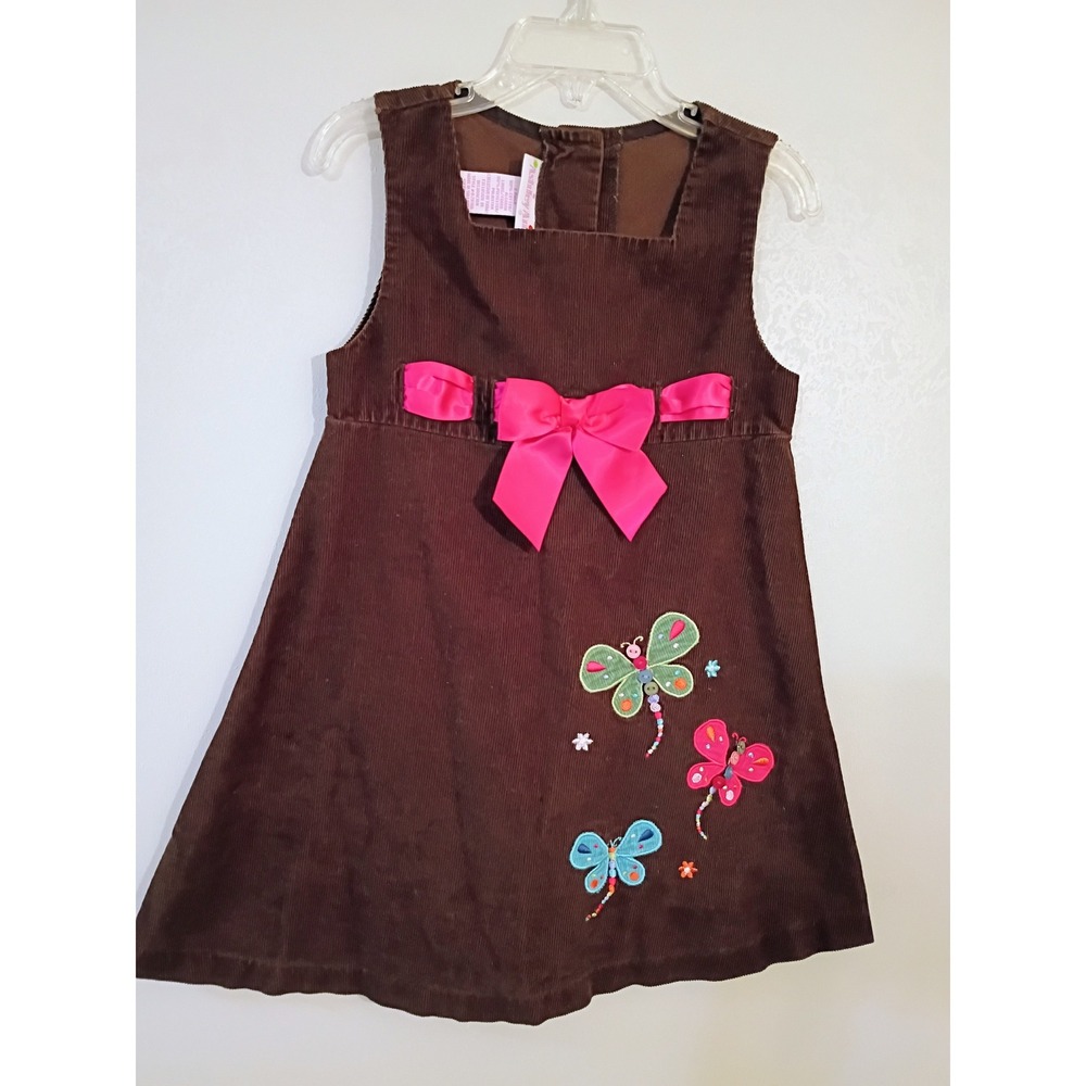 Ashley Ann Girls Brown Corduroy Dragonfly Pink Bow Dress Jumper Size 4T